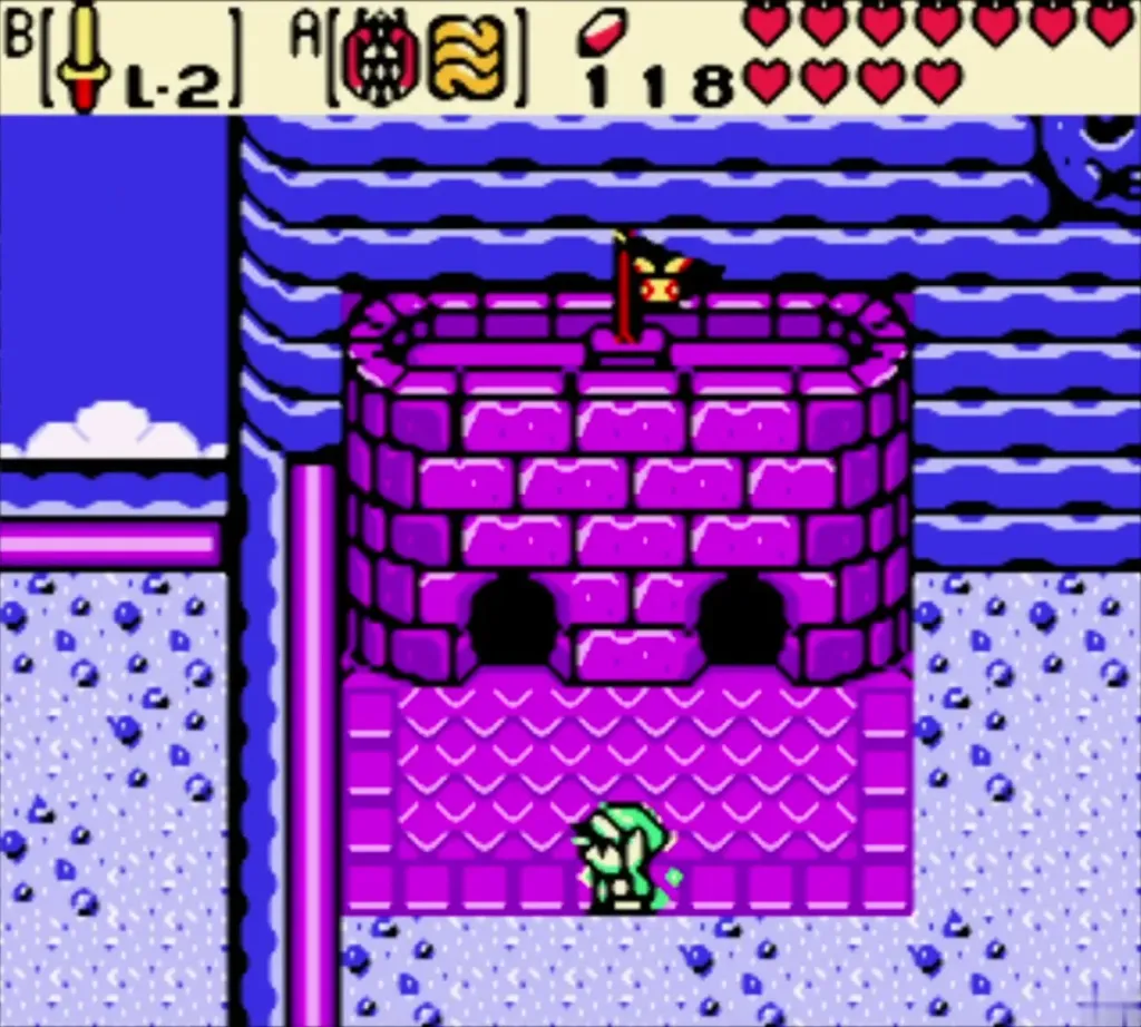 Link standing before Moblin's Keep tower on the blue ridge Link standing before Moblin's Keep tower on the blue ridge