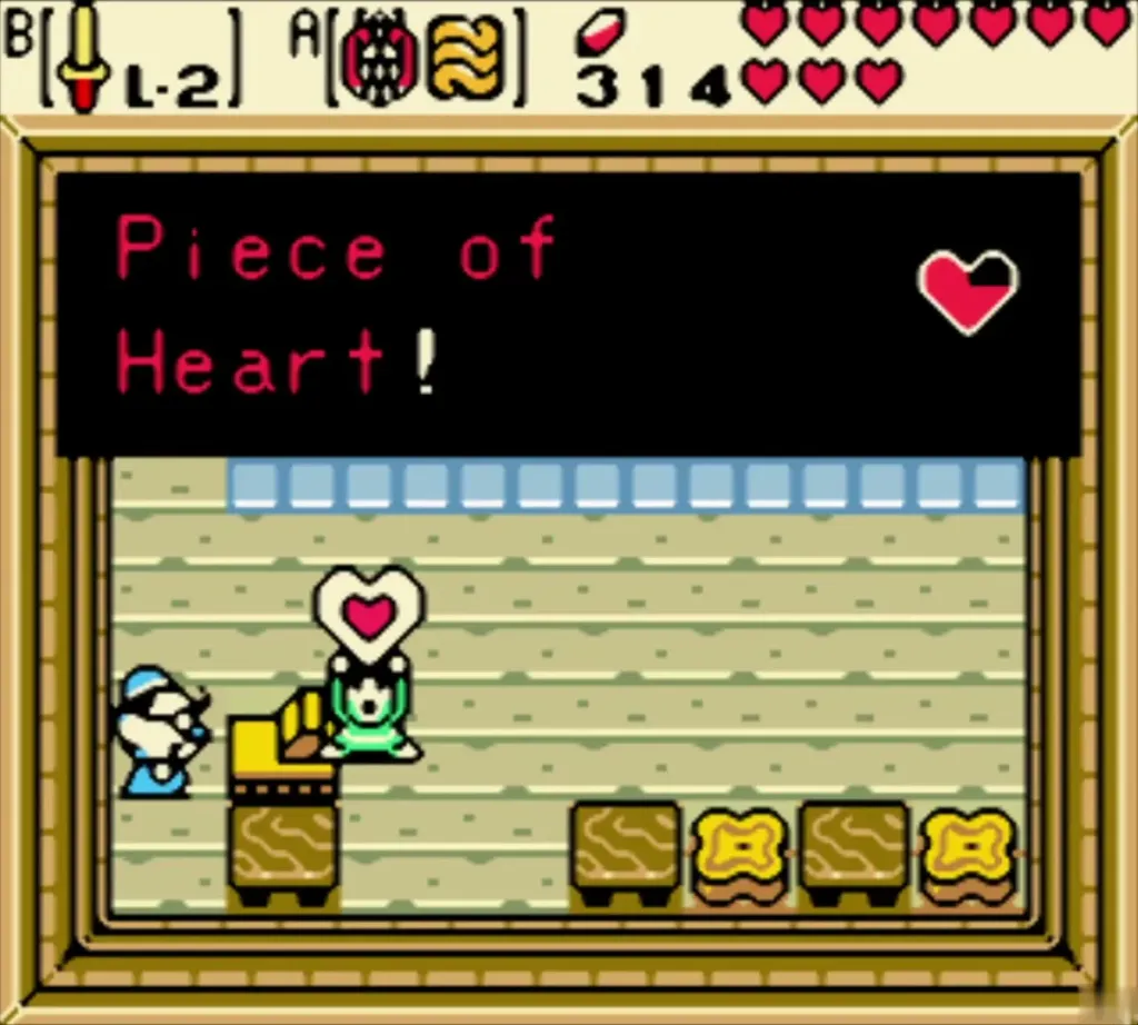 Link holding the Piece of Heart overhead with the item box shown Link holding the Piece of Heart overhead with the item box shown