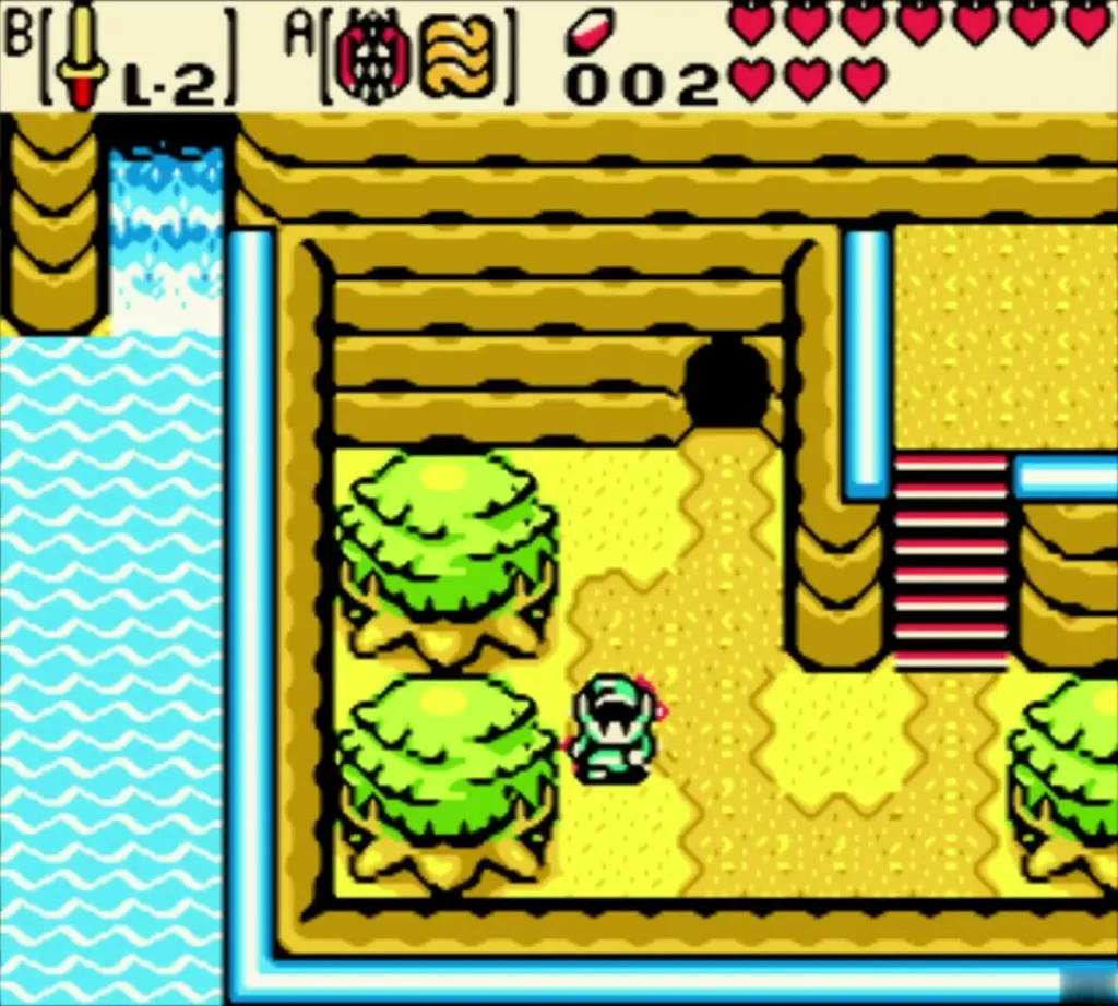 Link in the bright yellow present beside the cliff and blue stream Link in the bright yellow present beside the cliff and blue stream