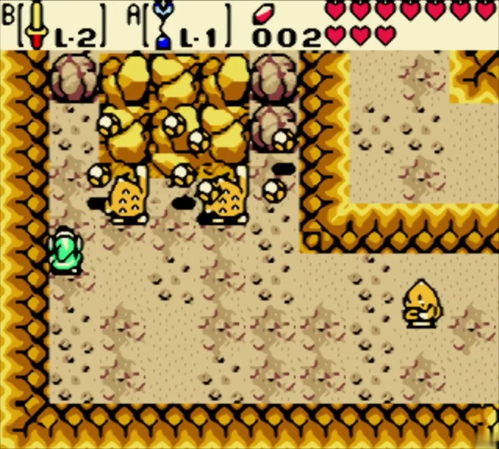 Two Gorons standing beneath the rockfall that buries the Elder while Link watches. Two Gorons standing beneath the rockfall that buries the Elder while Link watches.
