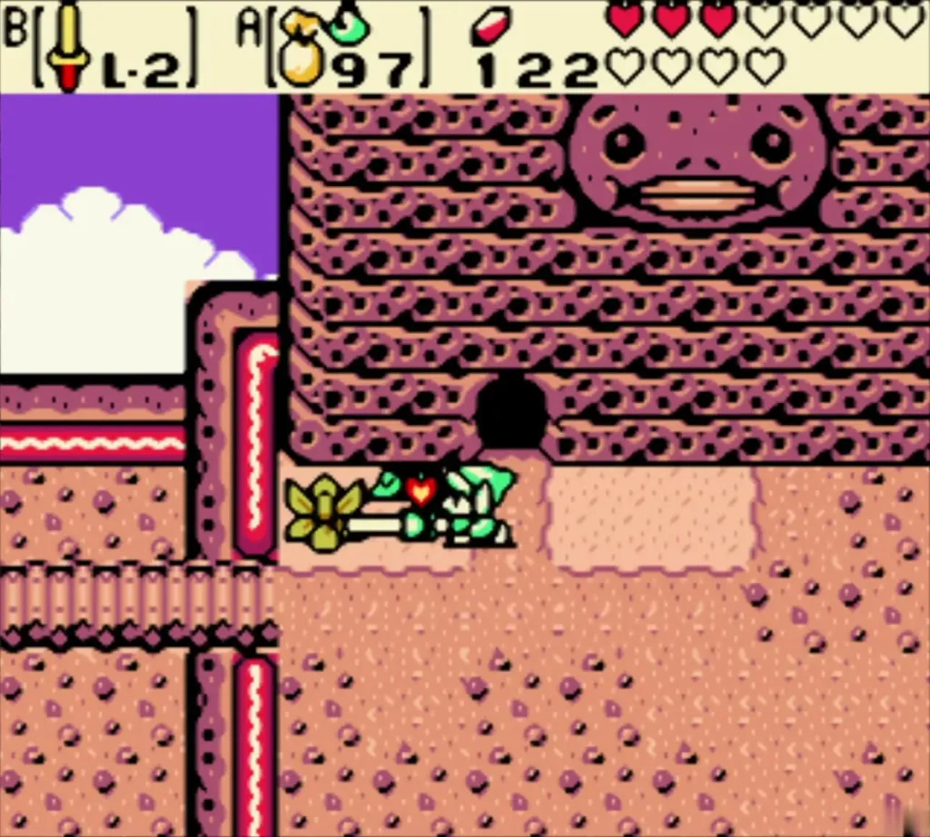 Link slashing the flowers in front of the Goron cave in the past Link slashing the flowers in front of the Goron cave in the past