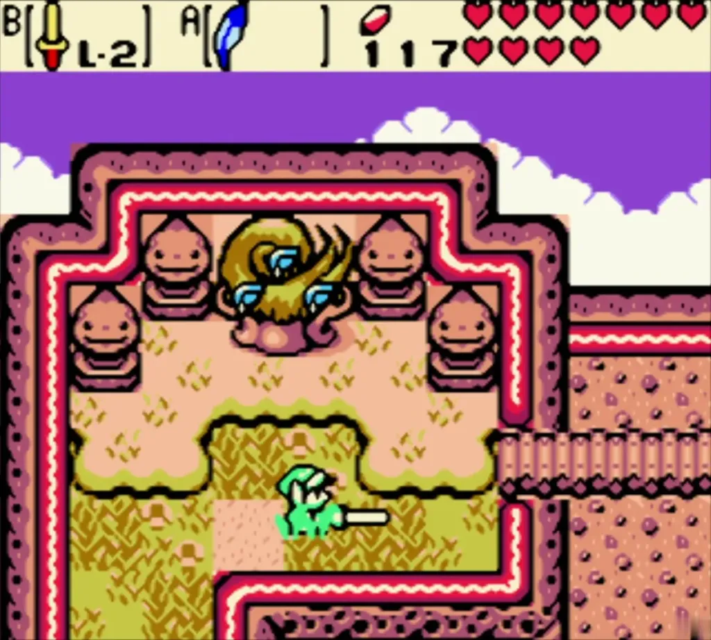 Link slashing the golden tree in the four-Goron-face shrine Link slashing the golden tree in the four-Goron-face shrine