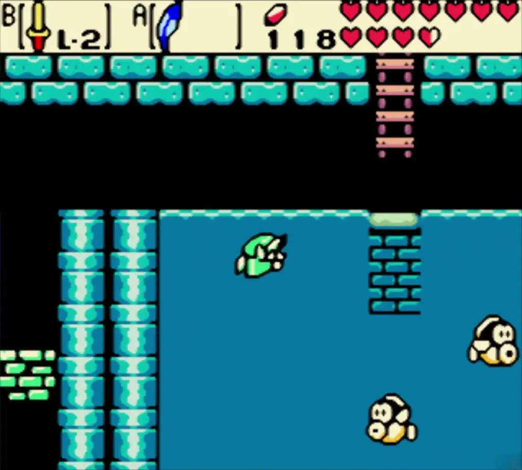 Link swimming in the flooded cave near fish and a ladder Link swimming in the flooded cave near fish and a ladder