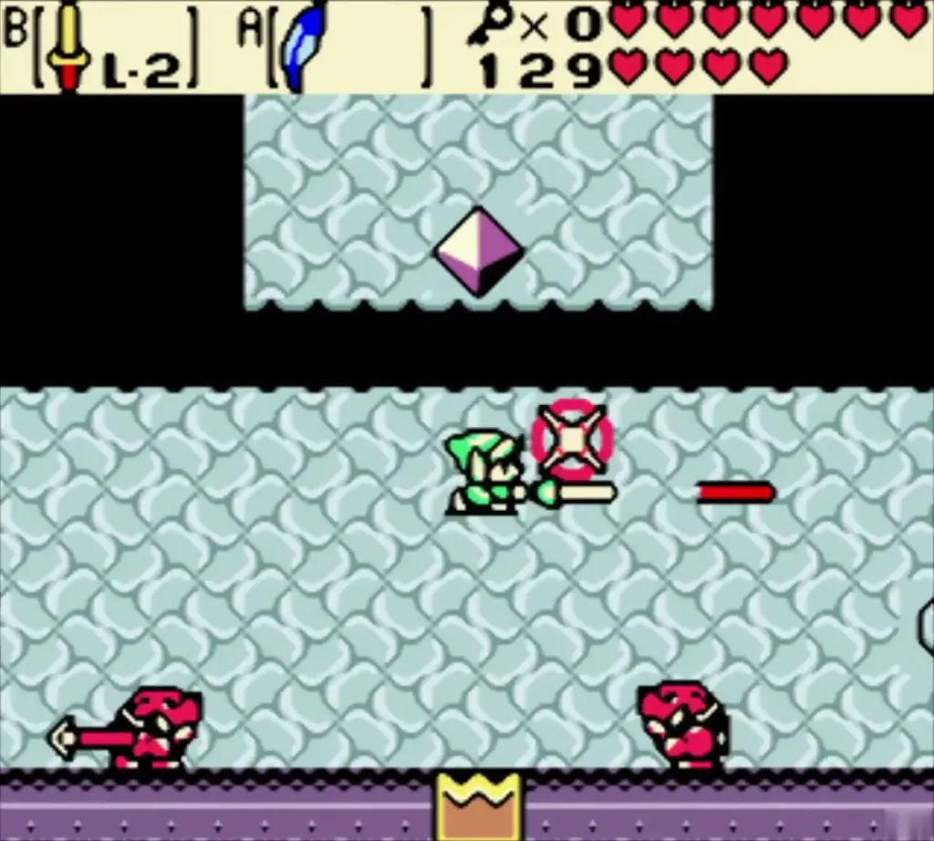 Link aiming at a target below the stone diamond with Moblins nearby Link aiming at a target below the stone diamond with Moblins nearby