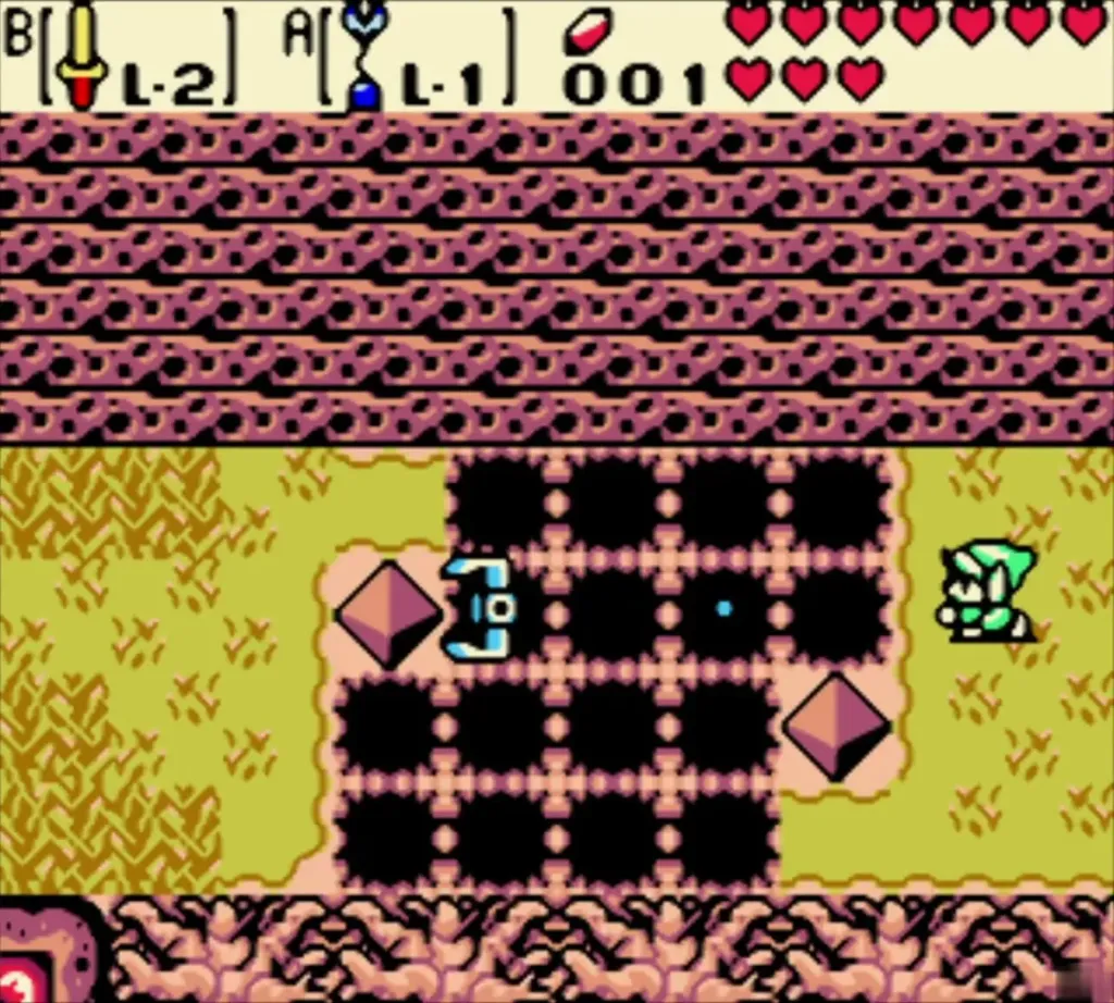 Link firing the Switch Hook across the pits toward a red diamond Link firing the Switch Hook across the pits toward a red diamond