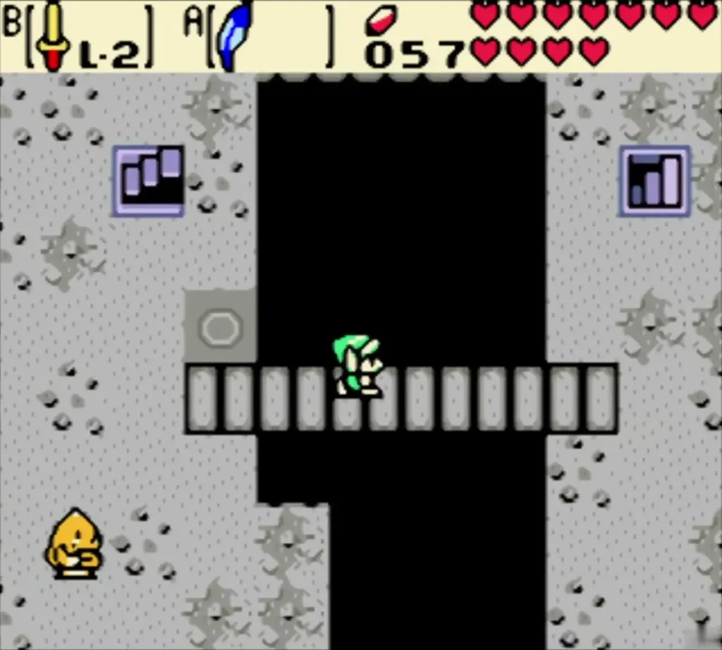 Link crossing the tile bridge over the pit Link crossing the tile bridge over the pit