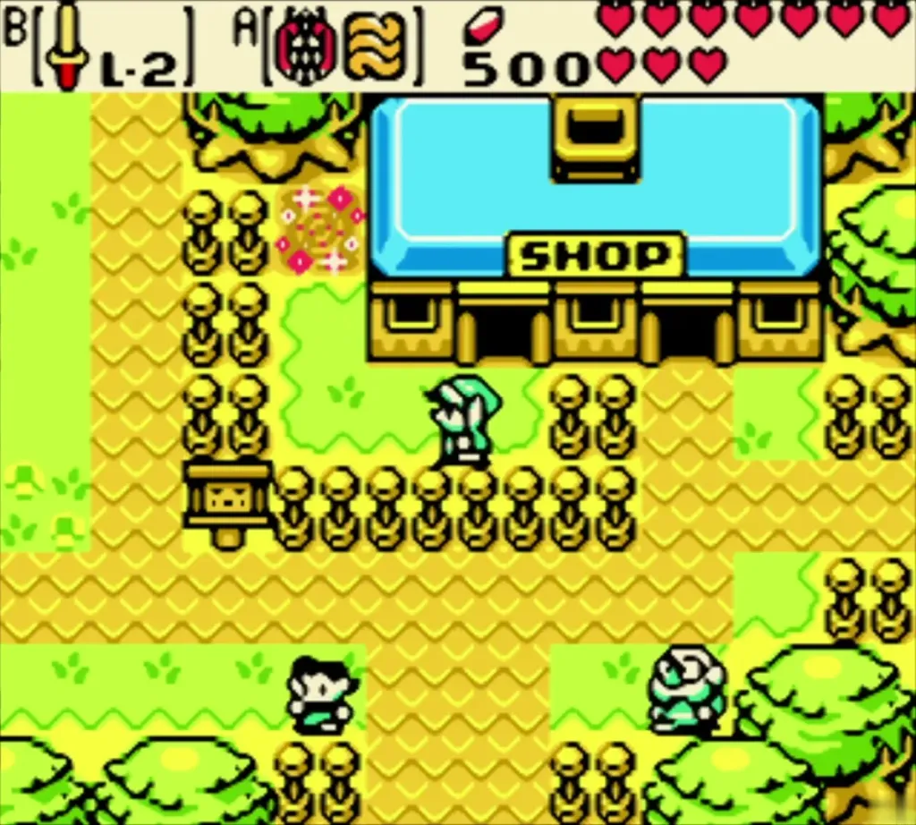 Link walking to the shop's front door in the present Link walking to the shop's front door in the present