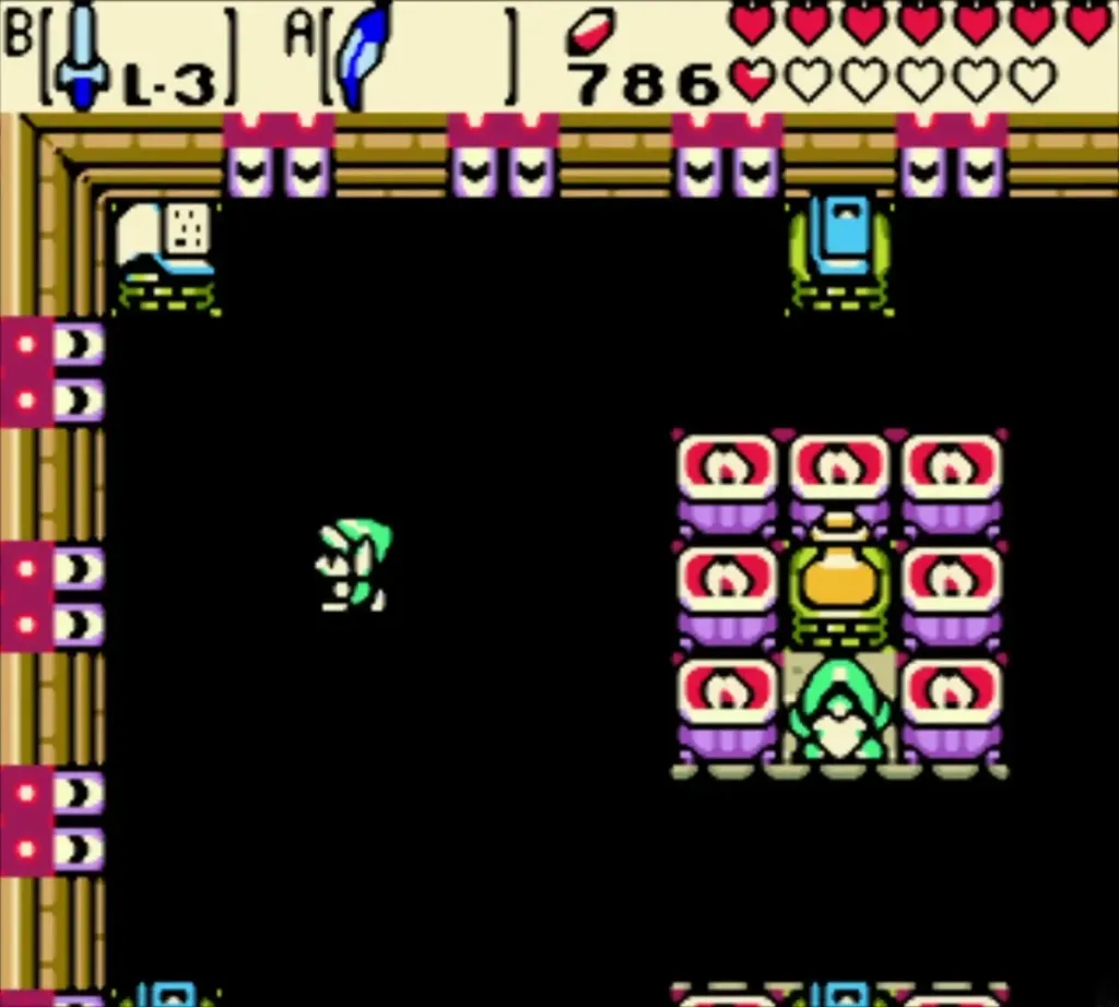 Link in the darkened chamber of the past, the room view unlit around him Link in the darkened chamber of the past, the room view unlit around him
