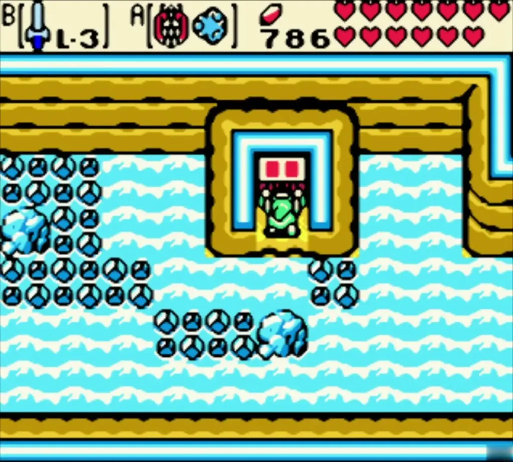 Link entering the gold-framed alcove with a red chest in the south-east of the Zora Seas Link entering the gold-framed alcove with a red chest in the south-east of the Zora Seas