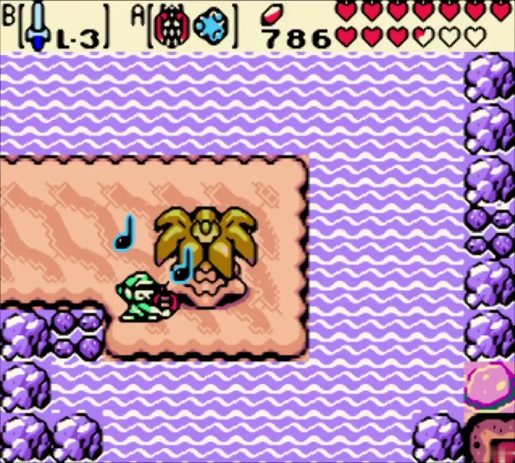 Link playing the Harp of Ages beside the palm island with musical notes around him Link playing the Harp of Ages beside the palm island with musical notes around him