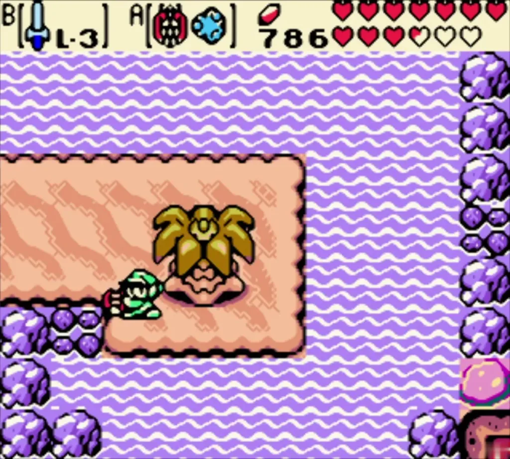 Link at the palm island in the purple sea, about to play the Harp of Ages Link at the palm island in the purple sea, about to play the Harp of Ages