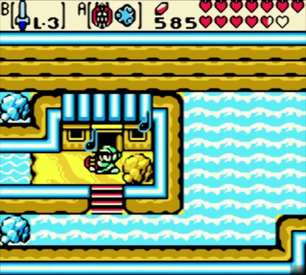Link playing the Tune of Ages on the present islet with musical notes around him Link playing the Tune of Ages on the present islet with musical notes around him