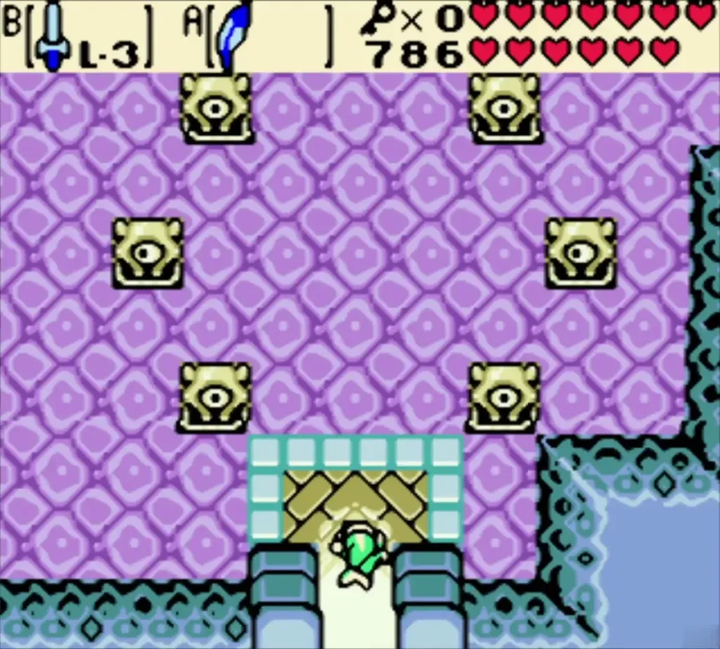 Link in the first purple-floored room of Jabu-Jabu's Belly beside teal blocks Link in the first purple-floored room of Jabu-Jabu's Belly beside teal blocks