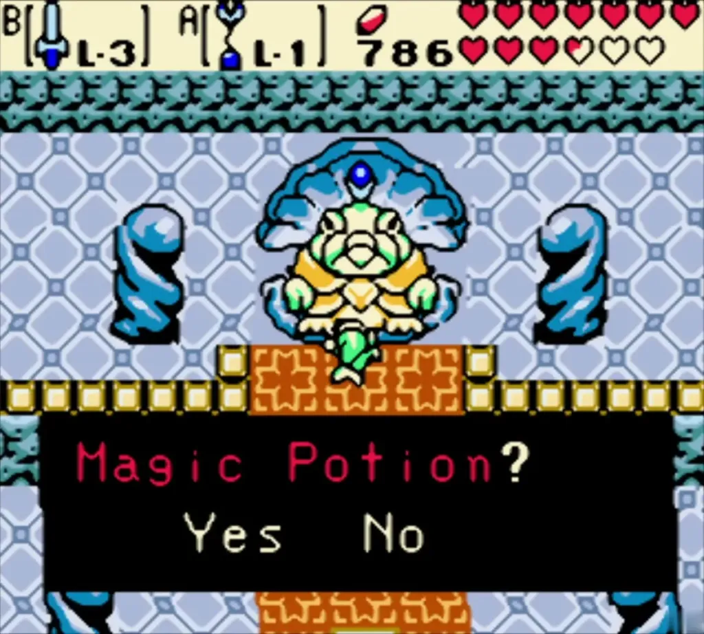 King Zora's Magic Potion question with Yes and No options in his palace chamber King Zora's Magic Potion question with Yes and No options in his palace chamber