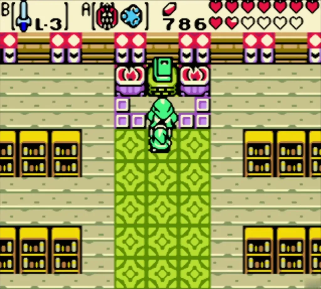 Link walking up to the green altar in the library back room Link walking up to the green altar in the library back room