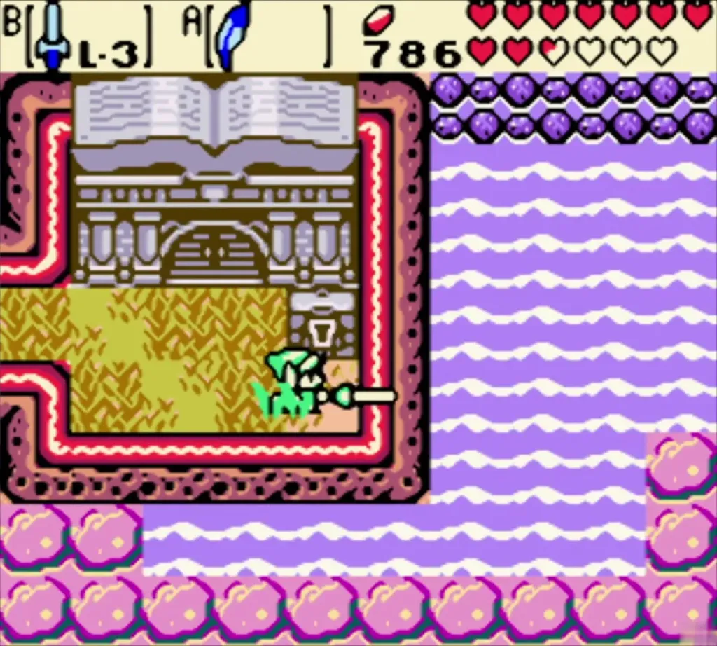 Link at the library doorway on the purple islet, the locked door before him Link at the library doorway on the purple islet, the locked door before him