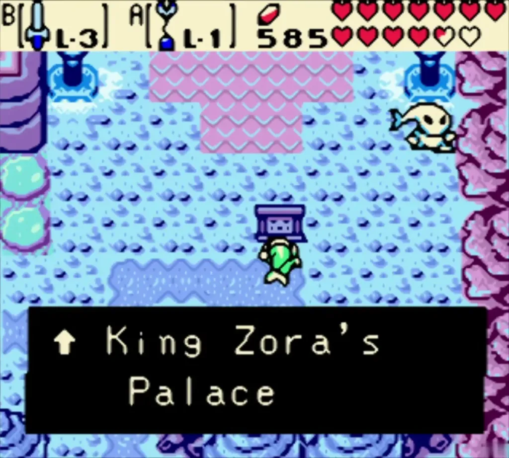 Sign reading King Zora's Palace on the blue sea floor with Link beside it Sign reading King Zora's Palace on the blue sea floor with Link beside it