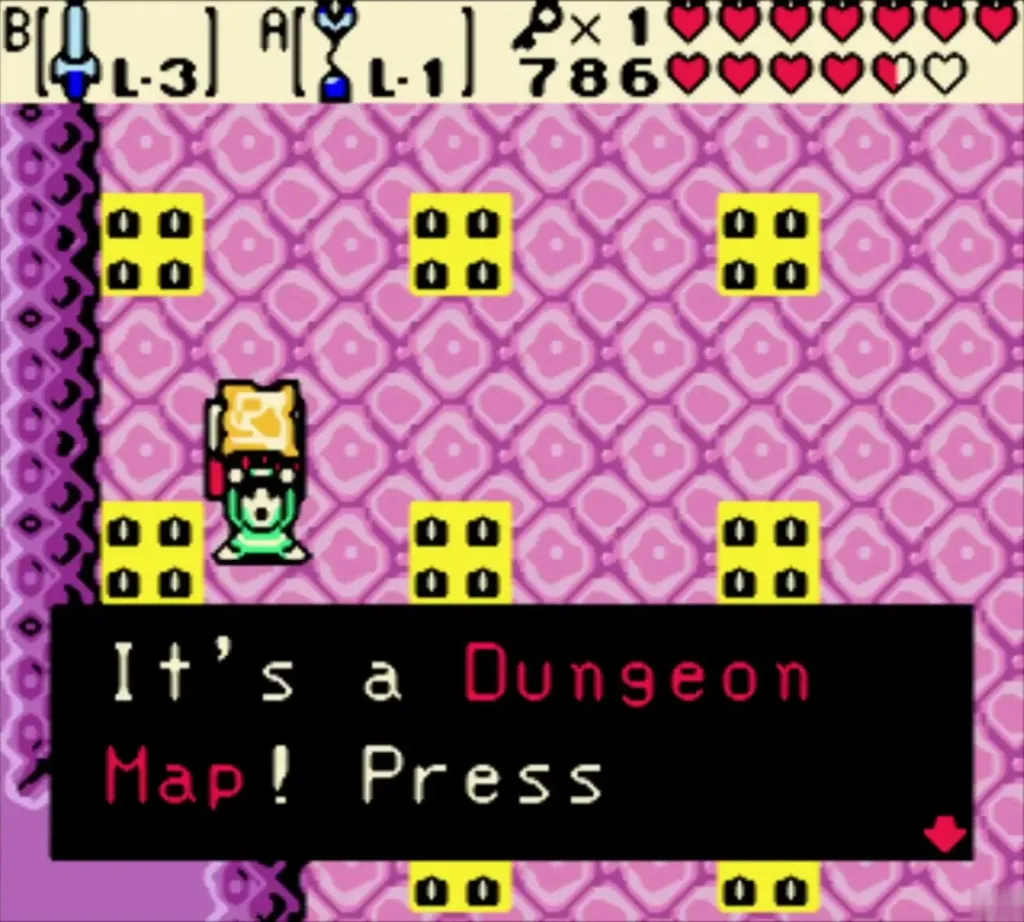 Dungeon Map message box in the pink room, Link holding the map over his head Dungeon Map message box in the pink room, Link holding the map over his head