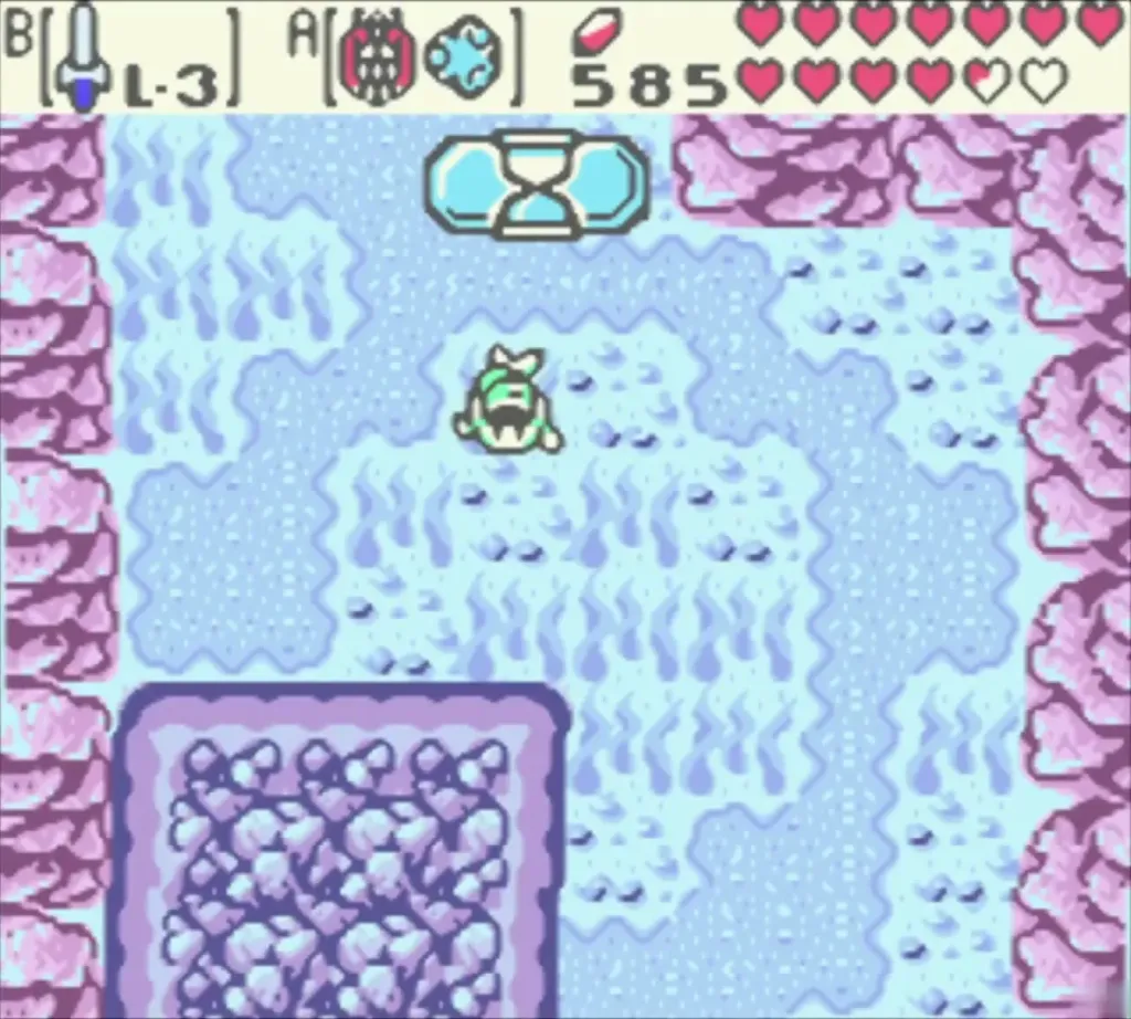 Link on a present islet beneath an hourglass time-portal symbol Link on a present islet beneath an hourglass time-portal symbol