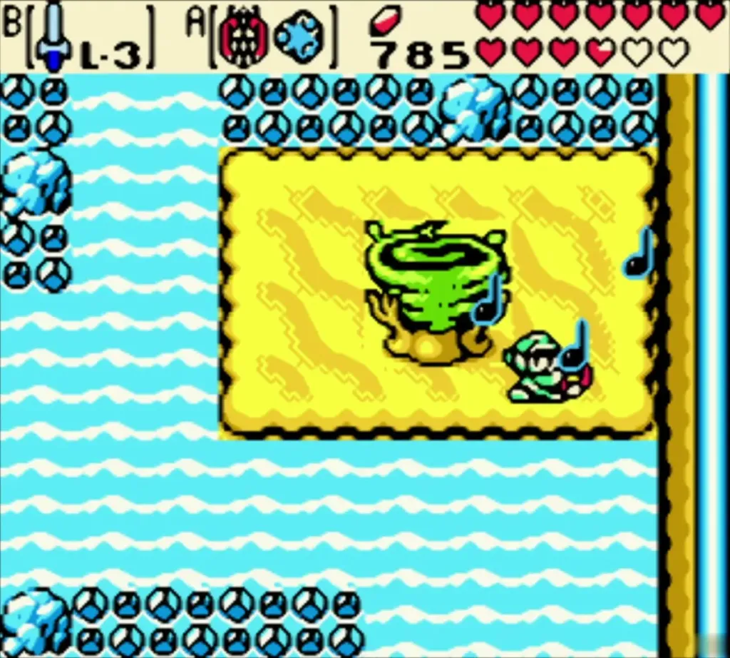 Link playing the Tune of Ages on a present sand island with musical notes around him Link playing the Tune of Ages on a present sand island with musical notes around him