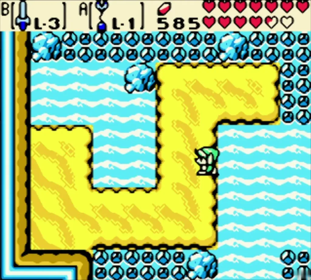 Link swimming past yellow sand islands in the present sea west of Zora Village Link swimming past yellow sand islands in the present sea west of Zora Village