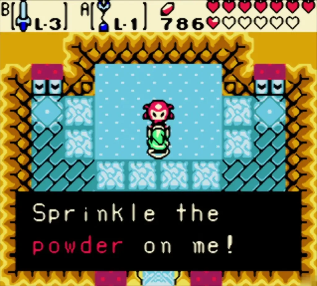 Dialogue box reading Sprinkle the powder on me as Link stands at the pool Dialogue box reading Sprinkle the powder on me as Link stands at the pool