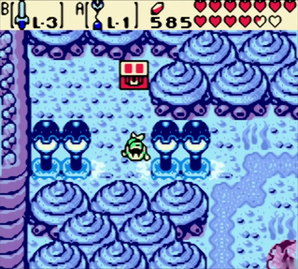 Link beside a red chest underwater among blue mushroom trees in Zora Village Link beside a red chest underwater among blue mushroom trees in Zora Village
