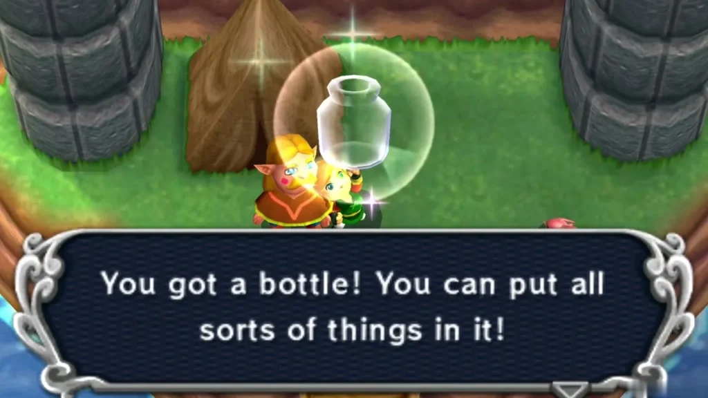 Link holding up a new bottle outdoors with the You got a bottle message box