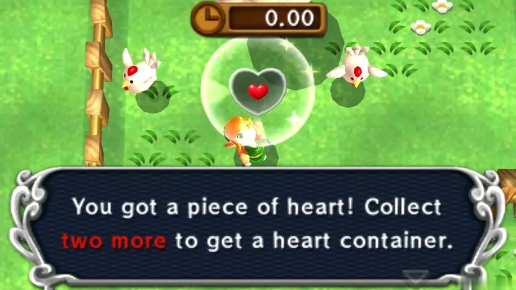 Link holding a Piece of Heart in the Cucco Ranch, box saying two more make a heart container