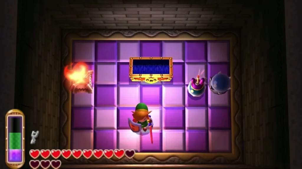 Link in the tiled Dark Palace room beside the chest that held the Master Ore