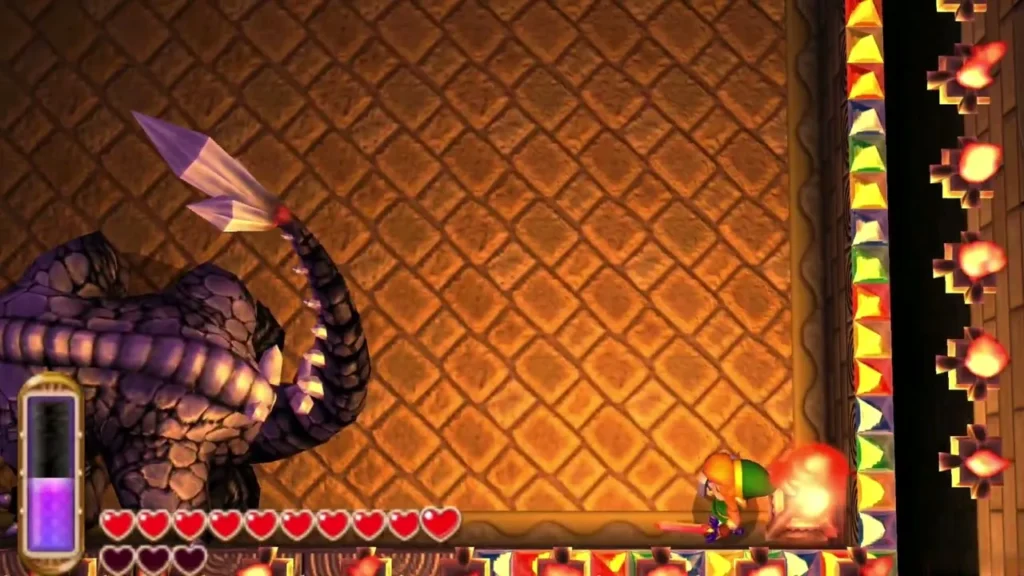 Gemesaur King lashing its spiked tail beside Link at the edge of a fire-lit room