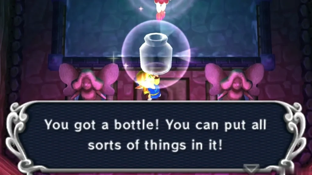 Link holding up a bottle in the Great Rupee Fairy chamber with the You got a bottle message box