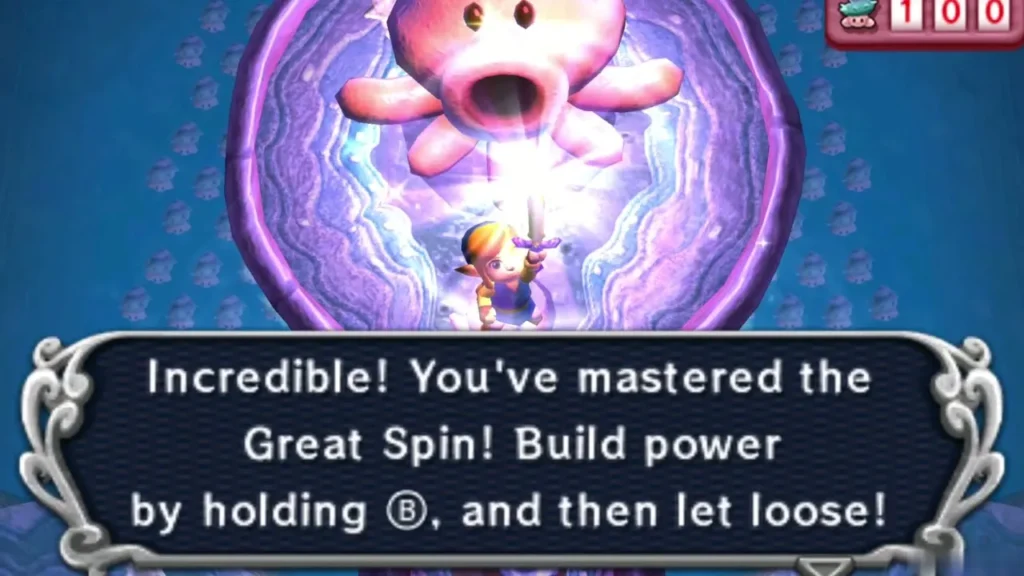 Link raising his sword in a glowing spin as Mother Maiamai hovers over the pool, box saying he mastered the Great Spin
