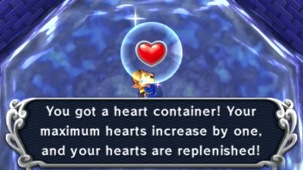 Link raising a Heart Container in a blue chamber, with the box saying his maximum hearts increase by one