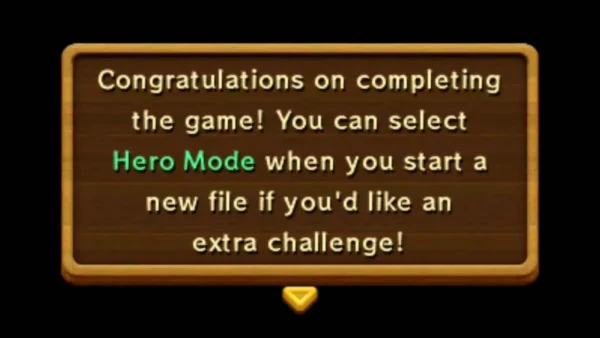 Ending message saying Hero Mode can be picked when starting a new file