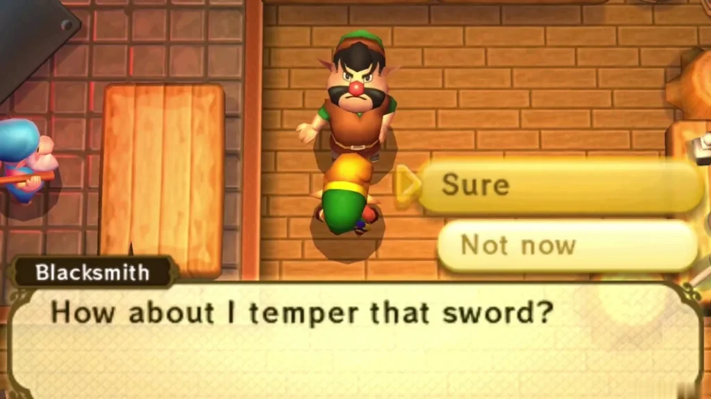 Hyrule Blacksmith asking Link whether to temper the Master Sword, with Sure or Not now