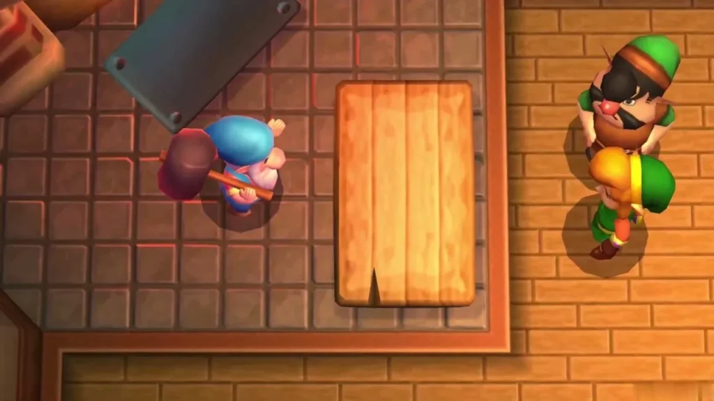 Hyrule craftsman working at the anvil on the Master Sword while Link watches