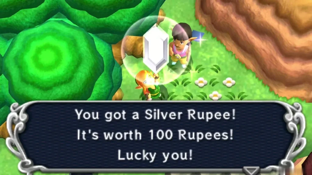 Link holding up the Silver Rupee won from the Hyrule Hotfoot race, worth 100 Rupees