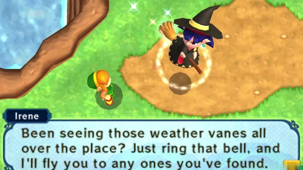 Irene on her broom explaining she can fly Link to any Weather Vane he has found