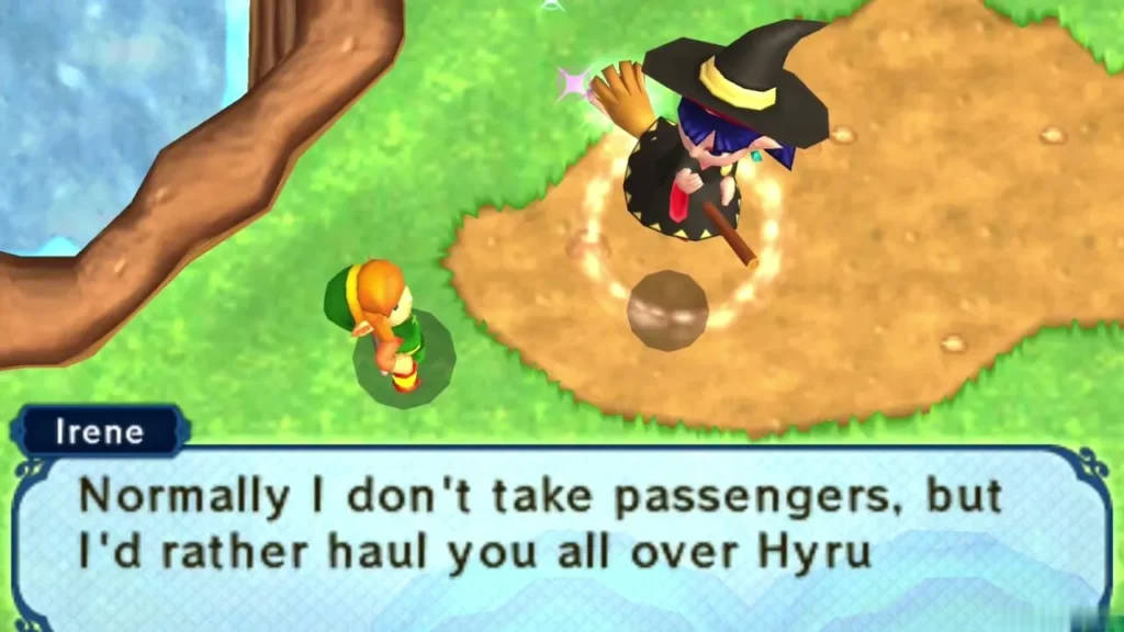 Irene on her broom telling Link she would rather haul him all over Hyrule