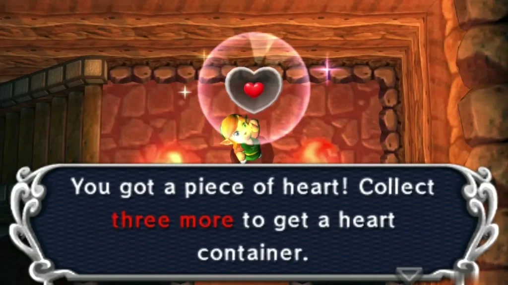 Link holding up a Piece of Heart in a red-lit cave, box saying three more make a heart container