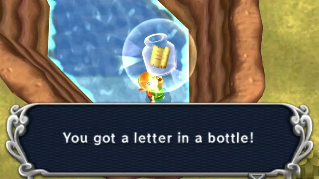 Link holding up the Letter in a Bottle by the waterfall with its message box