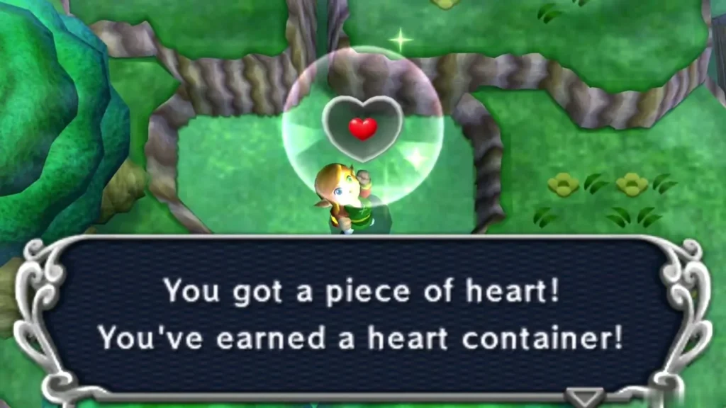 Link in the Lost Woods raising a Piece of Heart, box saying he has earned a heart container