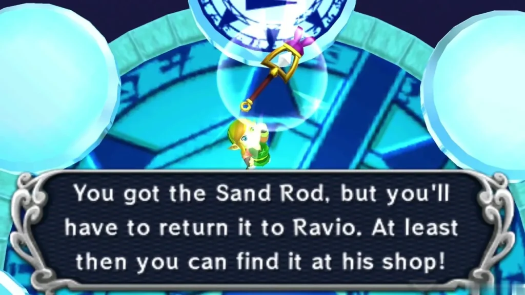 Link holding up the Sand Rod on Osfala pad with the You got the Sand Rod message box