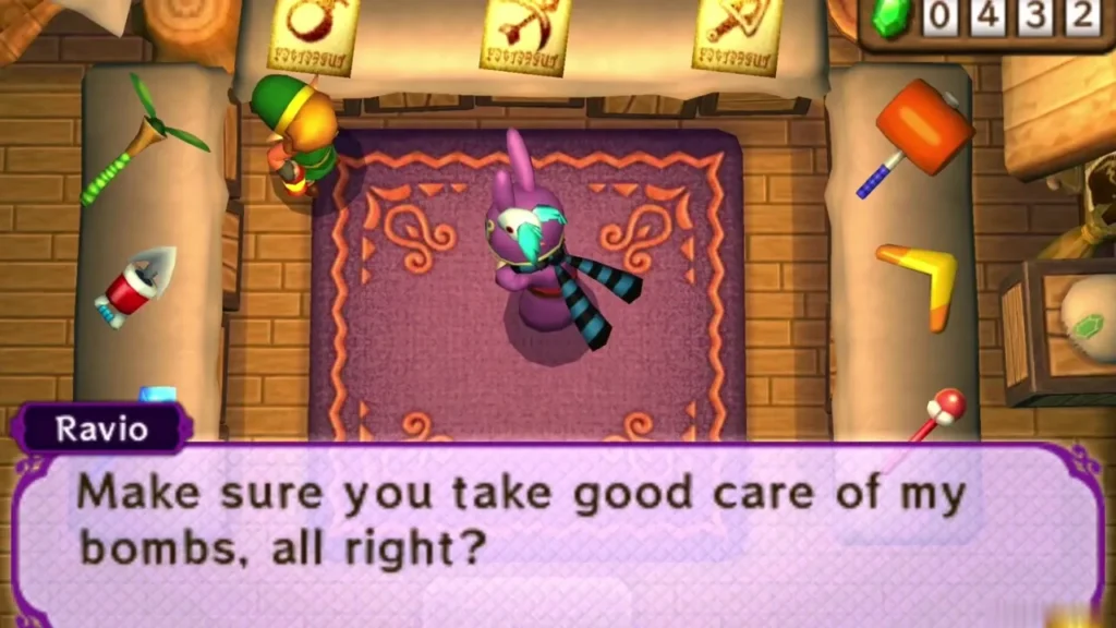 Ravio telling Link to take good care of his bombs, shown in the message box