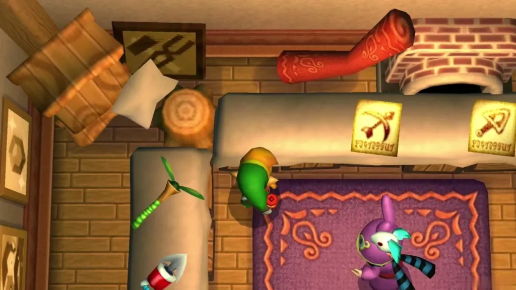 Link in Ravio's rental shop beside the purple bunny Ravio and the items on display