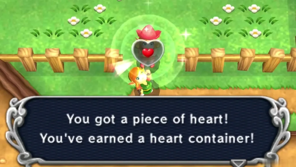 Link holding up a Piece of Heart, the box saying he has earned a Heart Container