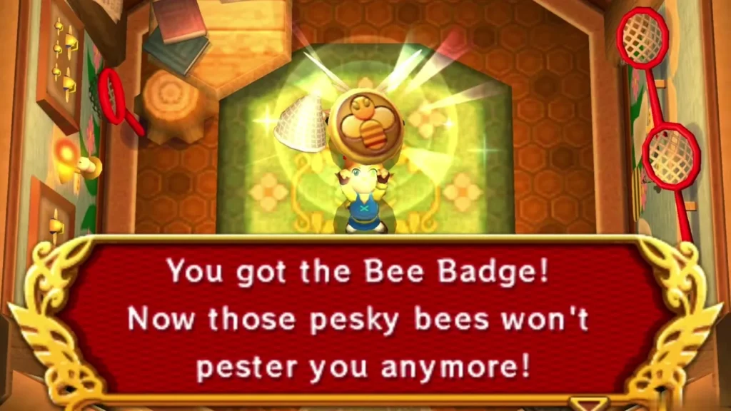 Link holds up the Bee Badge in Bee Guy's house under the You got the Bee Badge message box Link holds up the Bee Badge in Bee Guy's house under the You got the Bee Badge message box