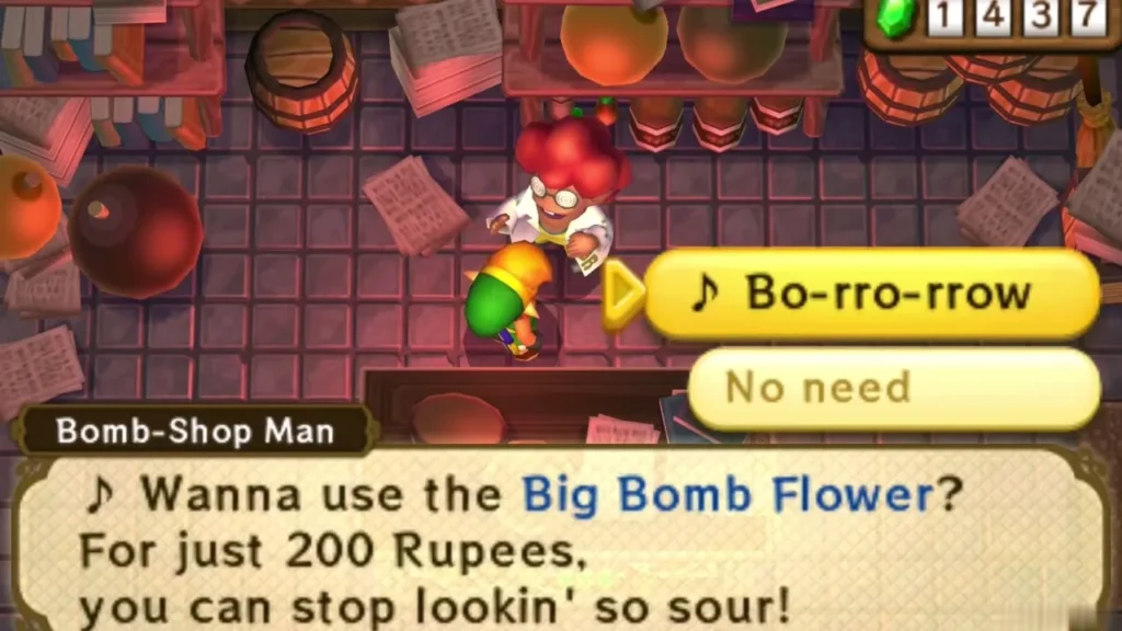 Bomb-Shop Man offers the Big Bomb Flower for 200 Rupees, with Bo-rro-rrow and No need choices Bomb-Shop Man offers the Big Bomb Flower for 200 Rupees, with Bo-rro-rrow and No need choices