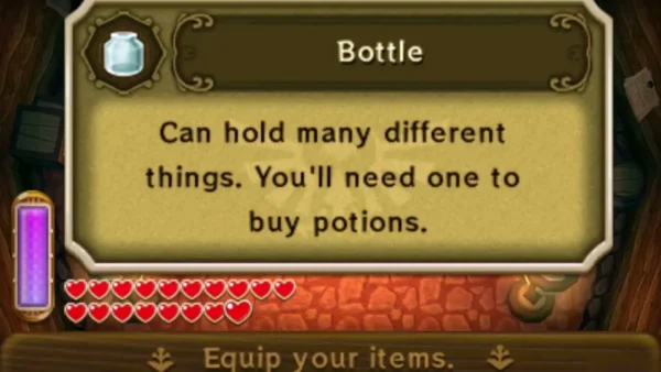 Bottle item description box saying it can hold many different things and buy potions Bottle item description box saying it can hold many different things and buy potions